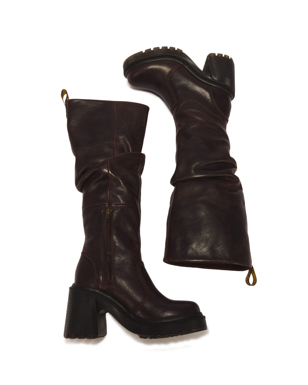 Kasey Kinsley Leather Knee High Heeled Boots in Dark Brown