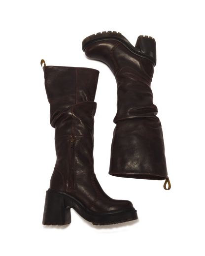 Kasey Kinsley Leather Knee High Heeled Boots in Dark Brown